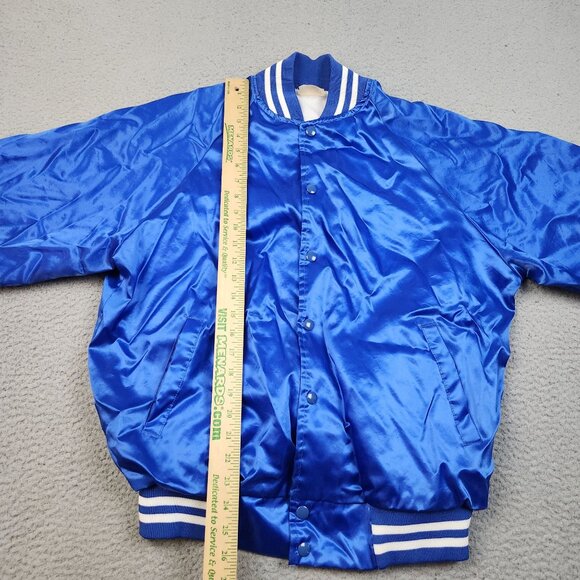 Vintage Satin Bomber Jacket Large Lined Blue Blank Snap Button Front 90s USA - Picture 5 of 11